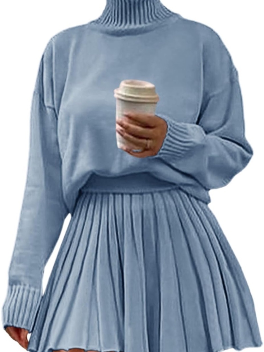 New Light Blue Knit Turtleneck Sweater & Pleated Skirt Set